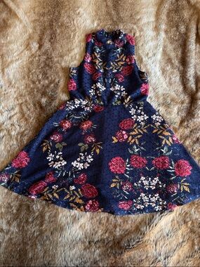 Sleeveless Navy Floral Mini Dress with Pink & White Blooms